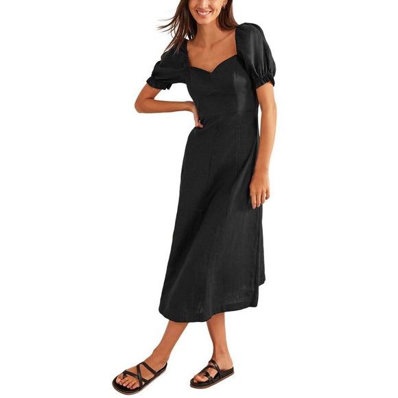 knee length dresses for ladies Irene Linen Midi Dress-Navy